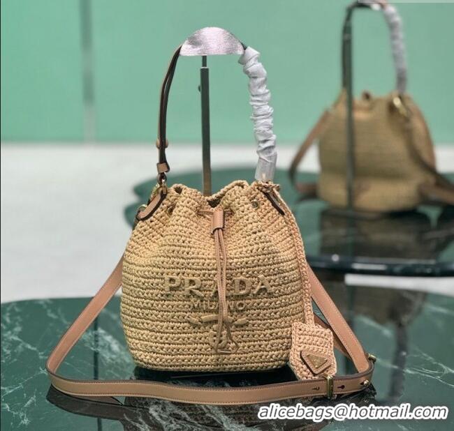 Promotional Prada Crochet straw-like and leather mini bucket bag 1BE068 2025