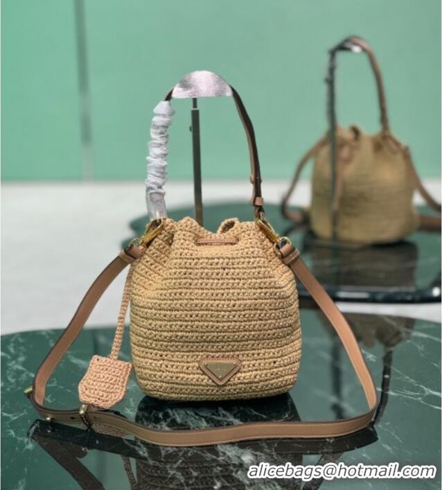 Promotional Prada Crochet straw-like and leather mini bucket bag 1BE068 2025