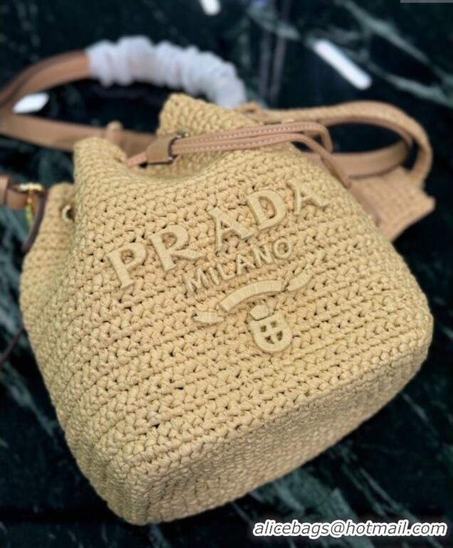 Promotional Prada Crochet straw-like and leather mini bucket bag 1BE068 2025