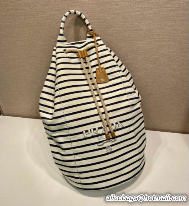 Best Product Prada Mens Striped canvas drawstring duffel bag 2VY011 Ivory White/Blue 2025