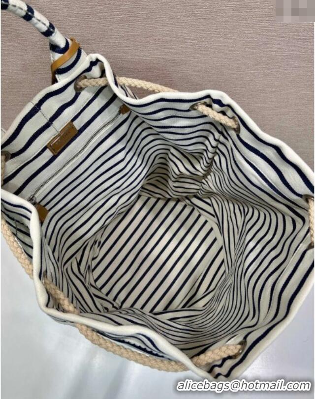Best Product Prada Mens Striped canvas drawstring duffel bag 2VY011 Ivory White/Blue 2025
