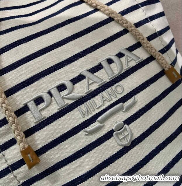 Best Product Prada Mens Striped canvas drawstring duffel bag 2VY011 Ivory White/Blue 2025