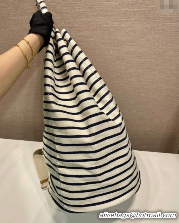 Best Product Prada Mens Striped canvas drawstring duffel bag 2VY011 Ivory White/Blue 2025