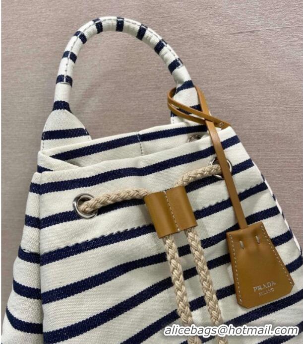 Best Product Prada Mens Striped canvas drawstring duffel bag 2VY011 Ivory White/Blue 2025