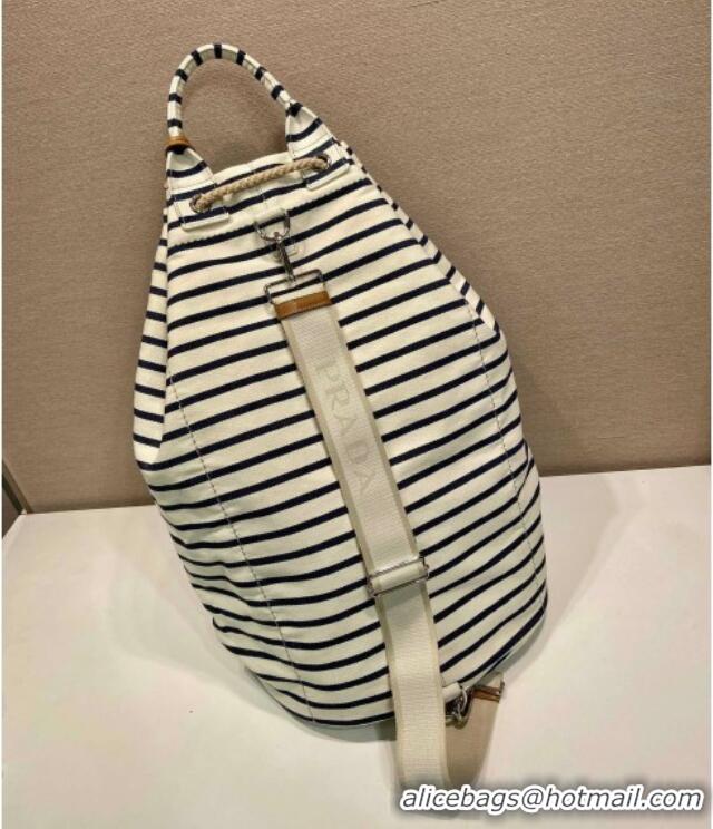 Best Product Prada Mens Striped canvas drawstring duffel bag 2VY011 Ivory White/Blue 2025