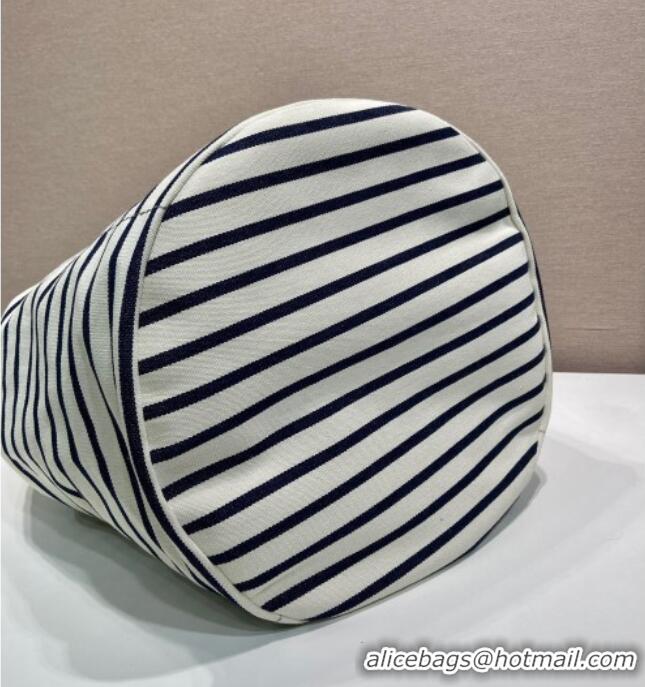 Best Product Prada Mens Striped canvas drawstring duffel bag 2VY011 Ivory White/Blue 2025