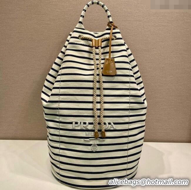 Best Product Prada Mens Striped canvas drawstring duffel bag 2VY011 Ivory White/Blue 2025