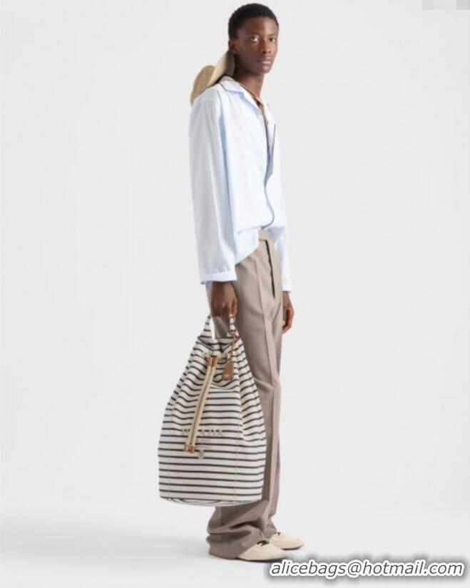 Best Product Prada Mens Striped canvas drawstring duffel bag 2VY011 Ivory White/Blue 2025