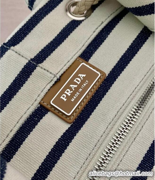 Best Product Prada Mens Striped canvas drawstring duffel bag 2VY011 Ivory White/Blue 2025