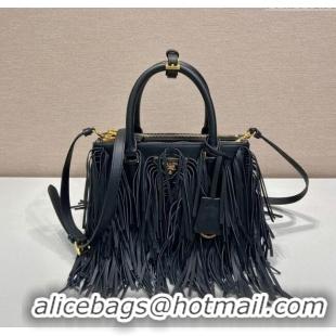 Luxury Cheap Prada Galleria small leather bag with fringe 1BA896 Black 2025