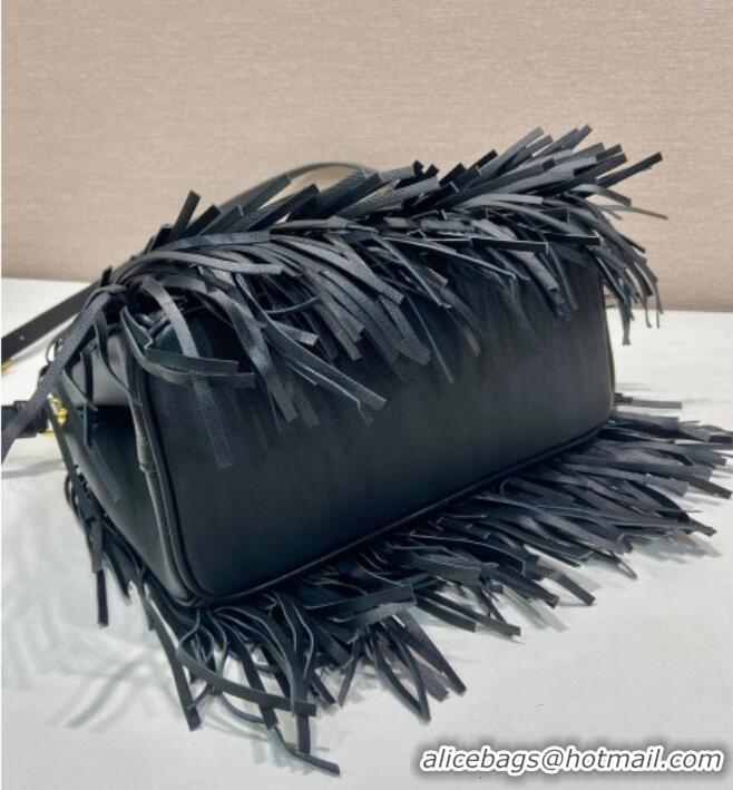 Luxury Cheap Prada Galleria small leather bag with fringe 1BA896 Black 2025