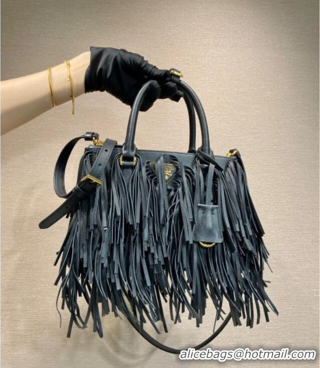 Luxury Cheap Prada Galleria small leather bag with fringe 1BA896 Black 2025