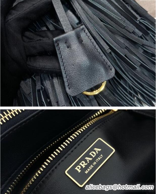 Luxury Cheap Prada Galleria small leather bag with fringe 1BA896 Black 2025
