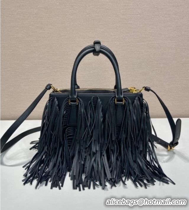 Luxury Cheap Prada Galleria small leather bag with fringe 1BA896 Black 2025