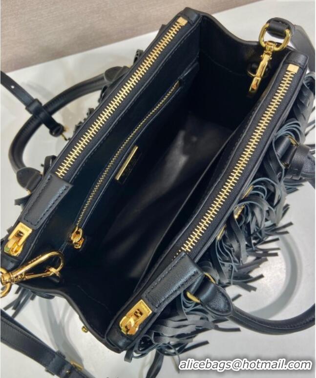 Luxury Cheap Prada Galleria small leather bag with fringe 1BA896 Black 2025