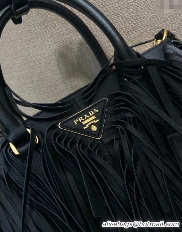 Luxury Cheap Prada Galleria small leather bag with fringe 1BA896 Black 2025