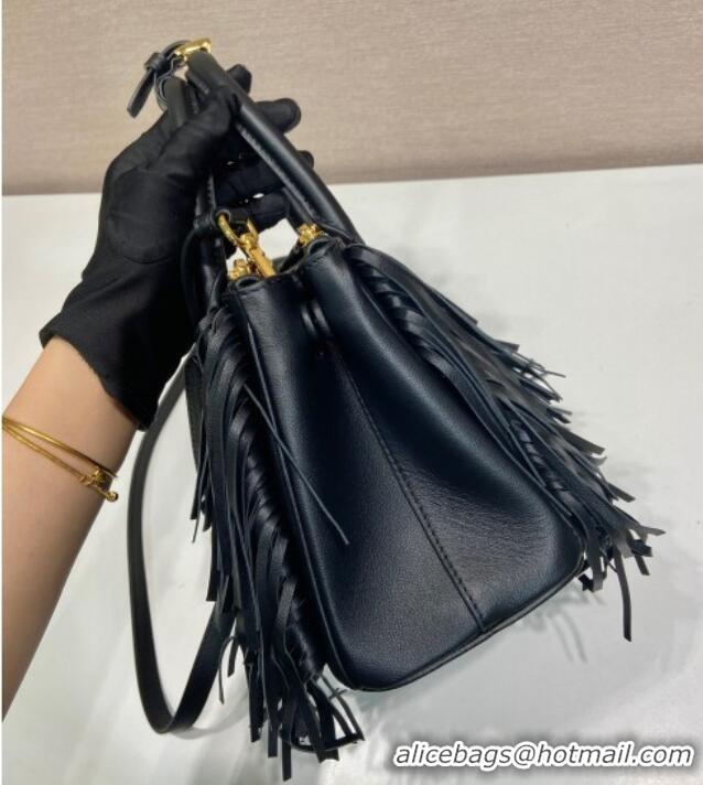 Luxury Cheap Prada Galleria small leather bag with fringe 1BA896 Black 2025