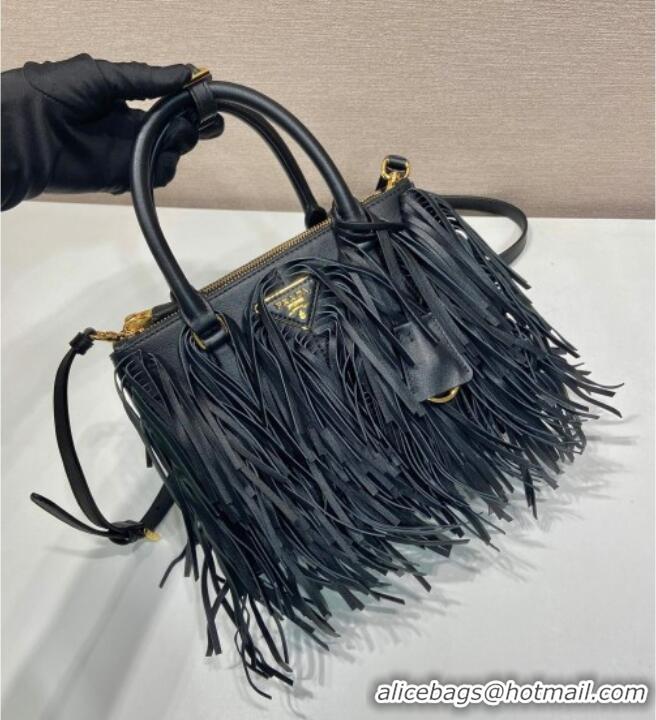 Luxury Cheap Prada Galleria small leather bag with fringe 1BA896 Black 2025