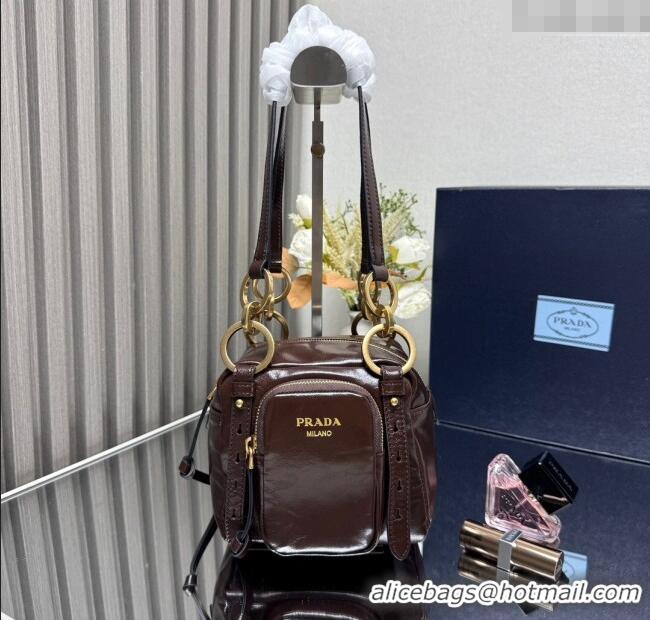 Cheap Design Prada Dangle oil leather top-handle mini-bag 1BB137 Dark Brown 2025