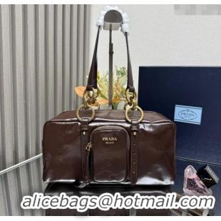 Promotional Prada Dangle medium oil leather top-handle bag 1BB138 Dark Brown 2025