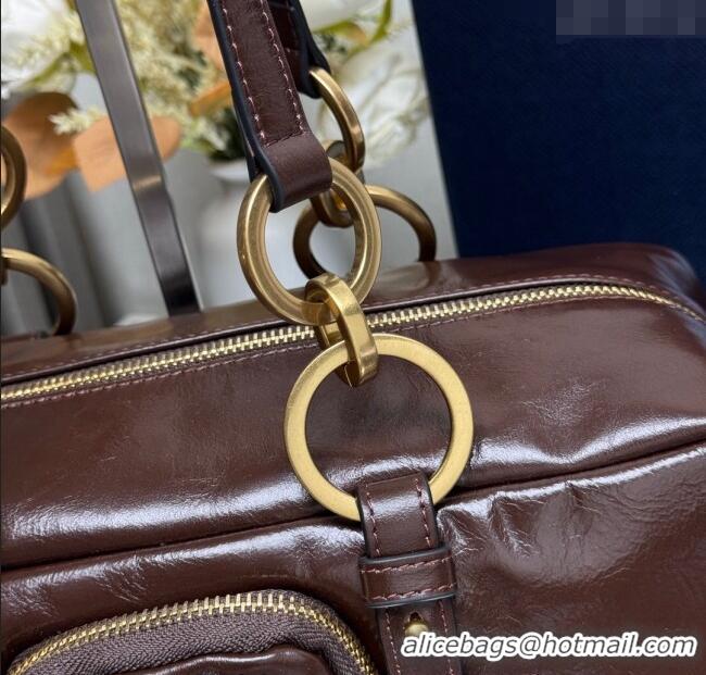 Promotional Prada Dangle medium oil leather top-handle bag 1BB138 Dark Brown 2025
