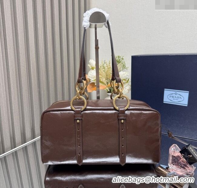 Promotional Prada Dangle medium oil leather top-handle bag 1BB138 Dark Brown 2025