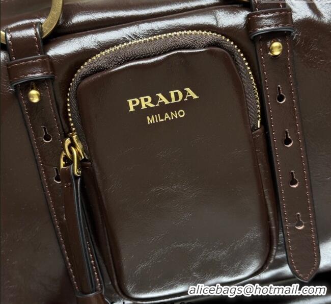 Promotional Prada Dangle medium oil leather top-handle bag 1BB138 Dark Brown 2025
