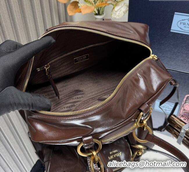 Promotional Prada Dangle medium oil leather top-handle bag 1BB138 Dark Brown 2025