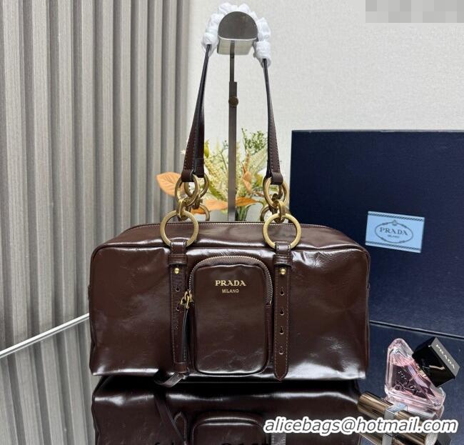 Promotional Prada Dangle medium oil leather top-handle bag 1BB138 Dark Brown 2025