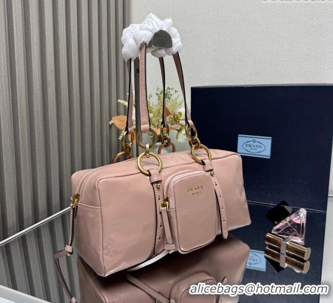 New Fashion Prada Dangle medium oil leather top-handle bag 1BB138 Pink 2025