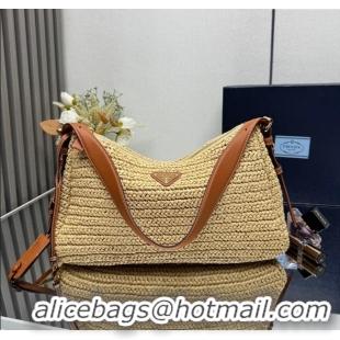Famous Brand Prada Aimee Straw-Like Large Shoulder Bag 1BC228 Beige 2025