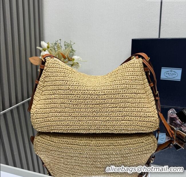 Famous Brand Prada Aimee Straw-Like Large Shoulder Bag 1BC228 Beige 2025