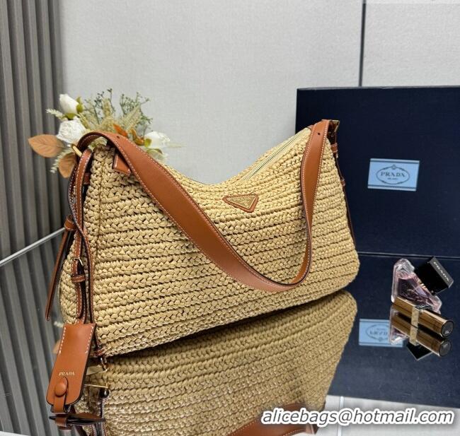 Famous Brand Prada Aimee Straw-Like Large Shoulder Bag 1BC228 Beige 2025