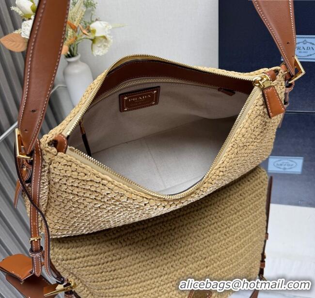 Famous Brand Prada Aimee Straw-Like Large Shoulder Bag 1BC228 Beige 2025