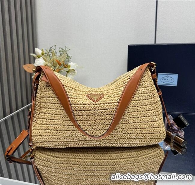 Famous Brand Prada Aimee Straw-Like Large Shoulder Bag 1BC228 Beige 2025