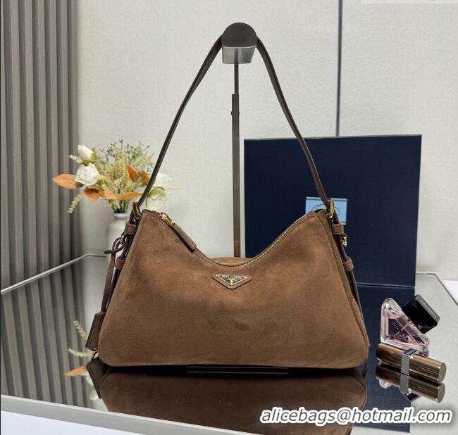 Buy Fashionable Prada Aimee medium suede shoulder bag 1BC229 Cocoa Brown 2025