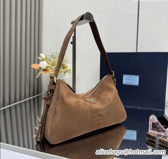 Buy Fashionable Prada Aimee medium suede shoulder bag 1BC229 Cocoa Brown 2025