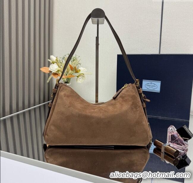 Buy Fashionable Prada Aimee medium suede shoulder bag 1BC229 Cocoa Brown 2025