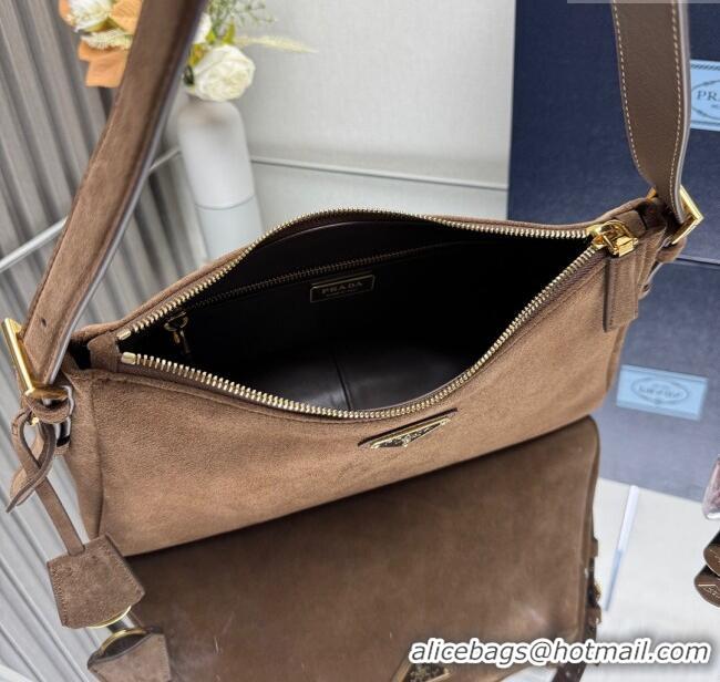 Buy Fashionable Prada Aimee medium suede shoulder bag 1BC229 Cocoa Brown 2025