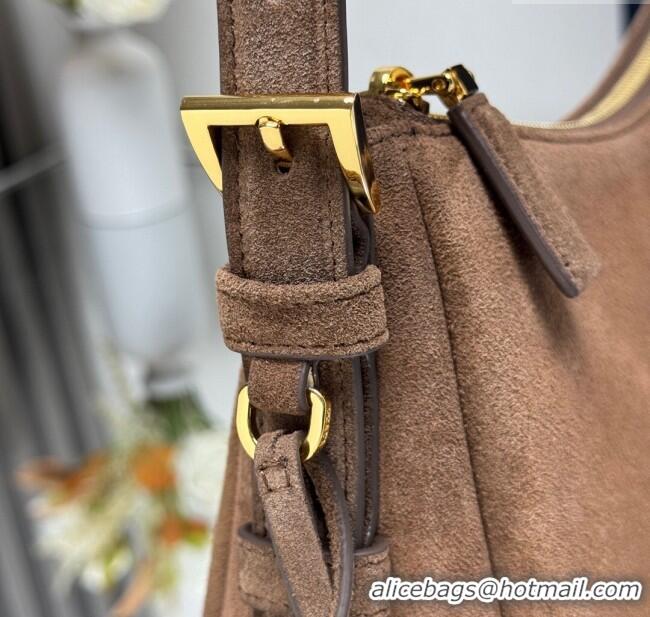 Buy Fashionable Prada Aimee medium suede shoulder bag 1BC229 Cocoa Brown 2025