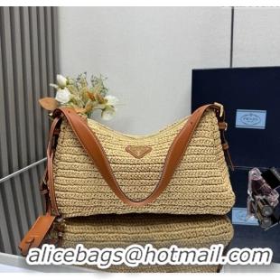 Famous Brand Prada Aimee large crochet straw-like and leather bag 1BC247 beige 2025