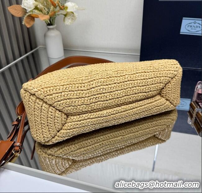 Famous Brand Prada Aimee large crochet straw-like and leather bag 1BC247 beige 2025