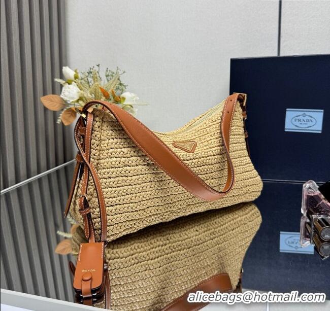 Famous Brand Prada Aimee large crochet straw-like and leather bag 1BC247 beige 2025