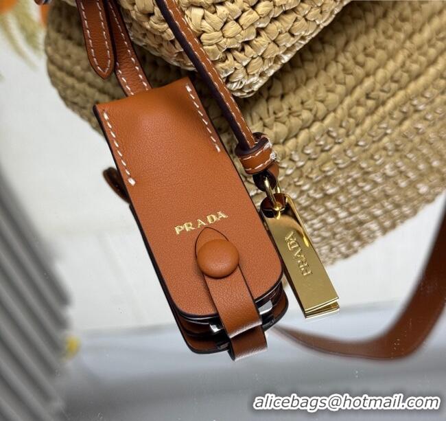 Famous Brand Prada Aimee large crochet straw-like and leather bag 1BC247 beige 2025