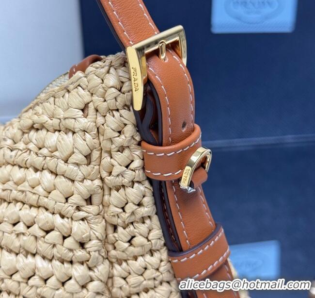 Famous Brand Prada Aimee large crochet straw-like and leather bag 1BC247 beige 2025