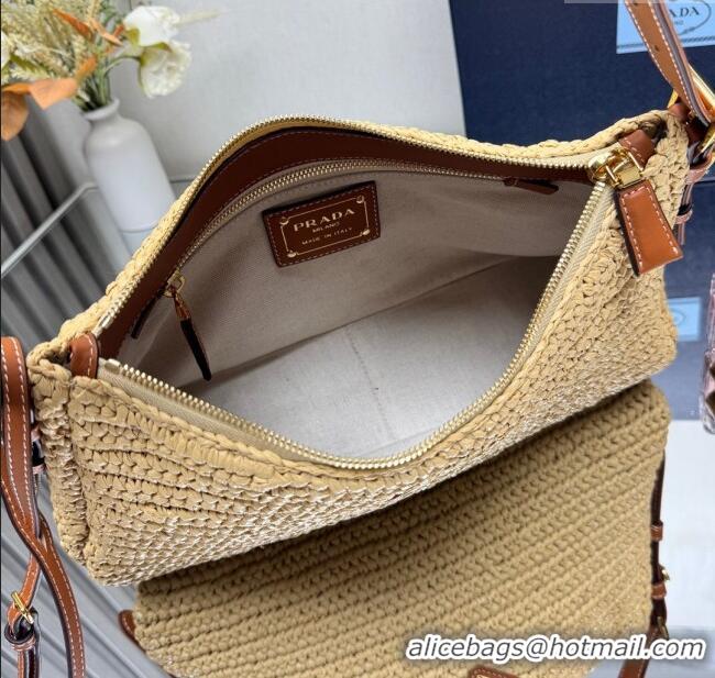 Famous Brand Prada Aimee large crochet straw-like and leather bag 1BC247 beige 2025
