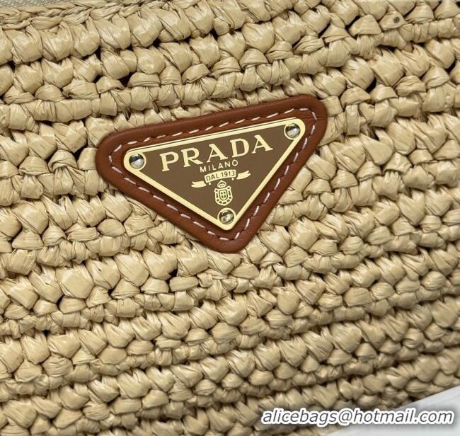 Famous Brand Prada Aimee large crochet straw-like and leather bag 1BC247 beige 2025