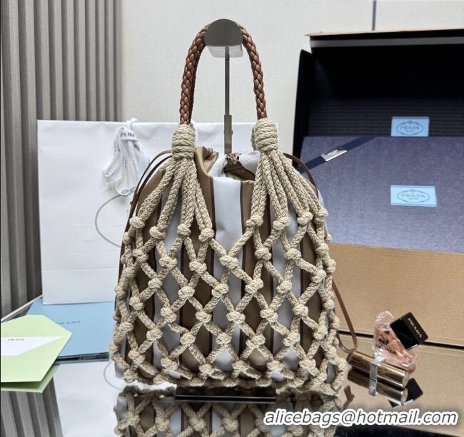 Top Design Prada Noue medium cotton macramé bucket bag 1BC111 Cord/Camel Beige 2025