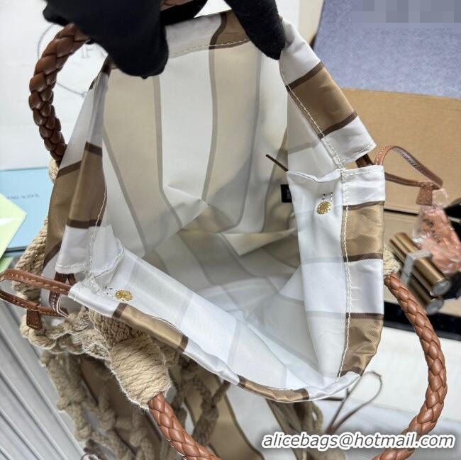Top Design Prada Noue medium cotton macramé bucket bag 1BC111 Cord/Camel Beige 2025