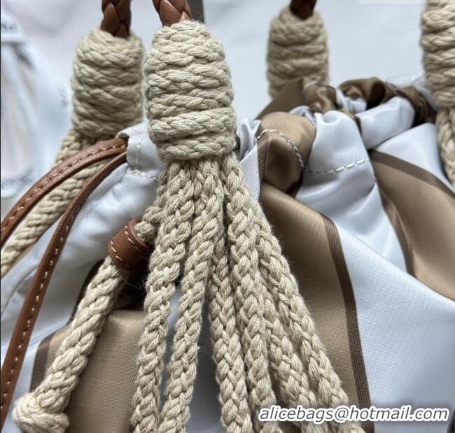 Top Design Prada Noue medium cotton macramé bucket bag 1BC111 Cord/Camel Beige 2025